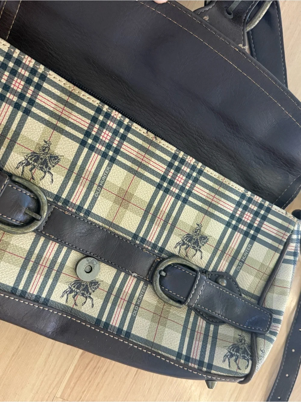 Hunter Plaid Messenger Bag with Dark Brown Leather Trim